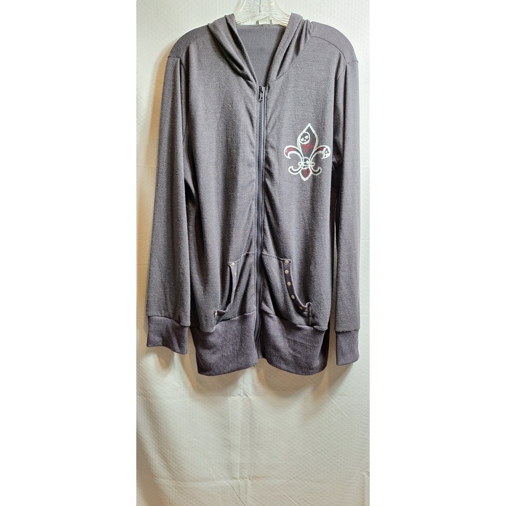 DOTS Fleur De Lis Skull Full Zip Hoodie Sweater Sz XL Gray 90s Y2K Grunge Goth